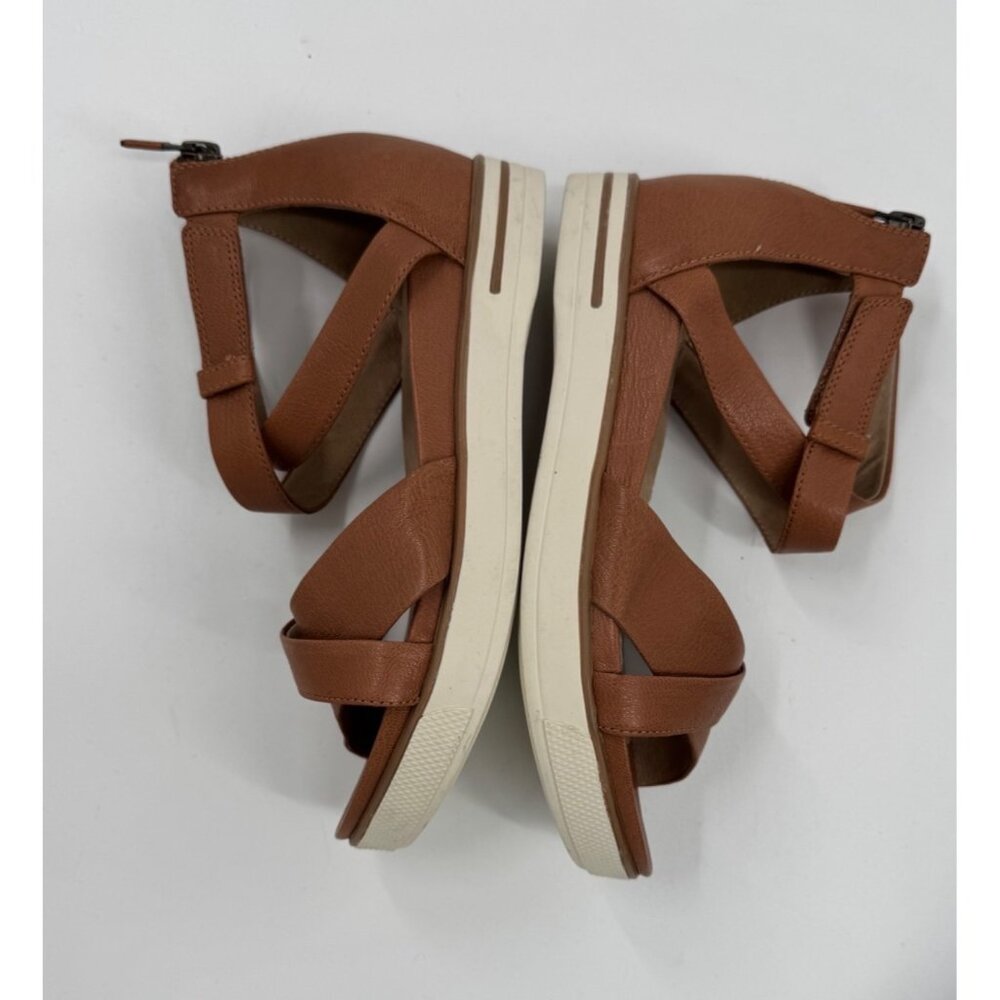 Eileen Fisher Sally Wedge Brown Leather Strappy Sandals With Ankle Strap & Zip - Picture 6 of 8